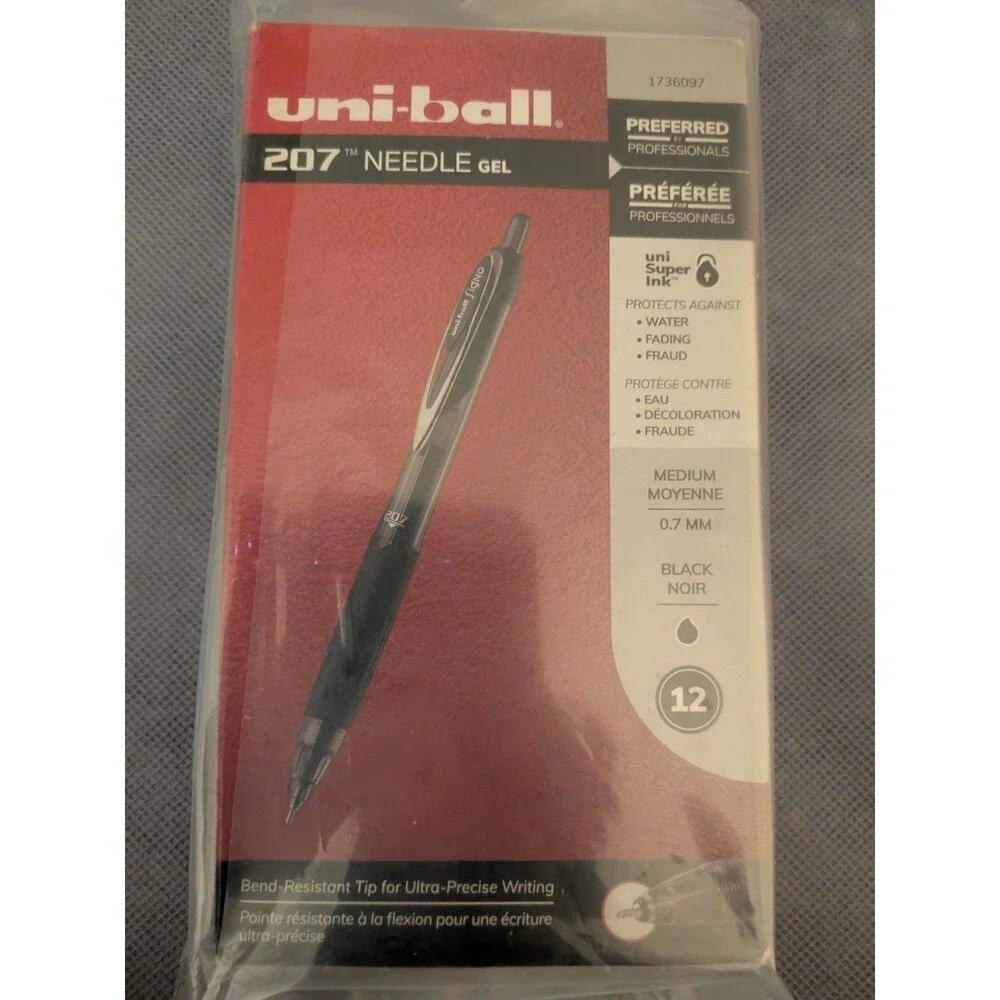 uniball 207 Needle Retractable Gel Pens, Medium Point (0.7mm), Black, 12 Pack